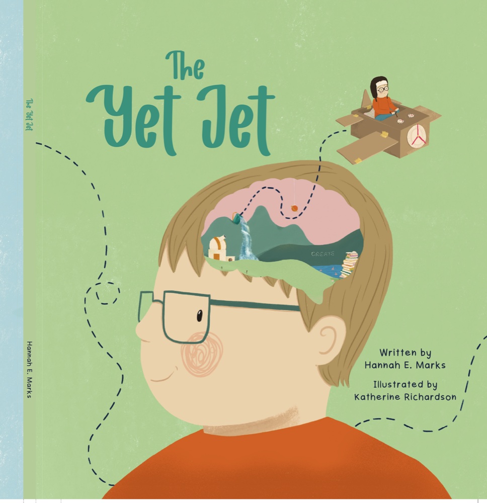 Cover of The Yet Jet: a boy whose hair opens into a tiny dream landscape, a cardboard jet flying past.