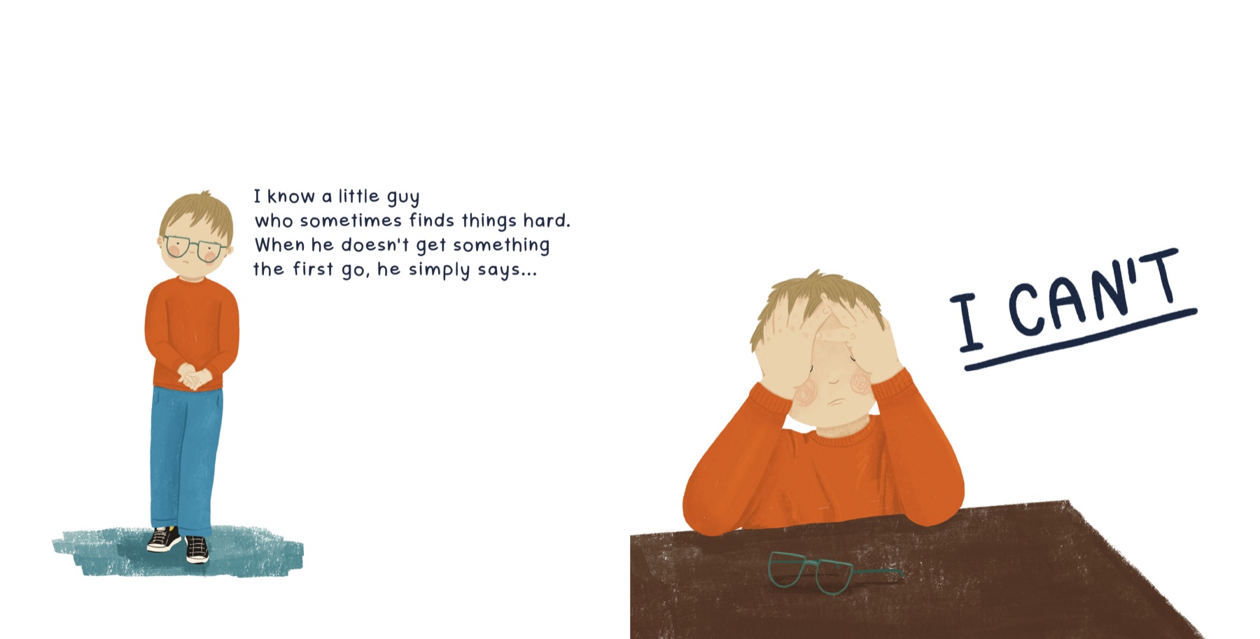 A boy in an orange jumper looking unsure, beside a moment where he hides his face and the words “I can't” appear.