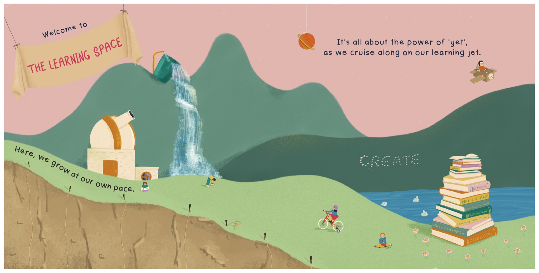 A dreamy illustrated landscape called The Learning Space, with mountains, a waterfall and towers of books.