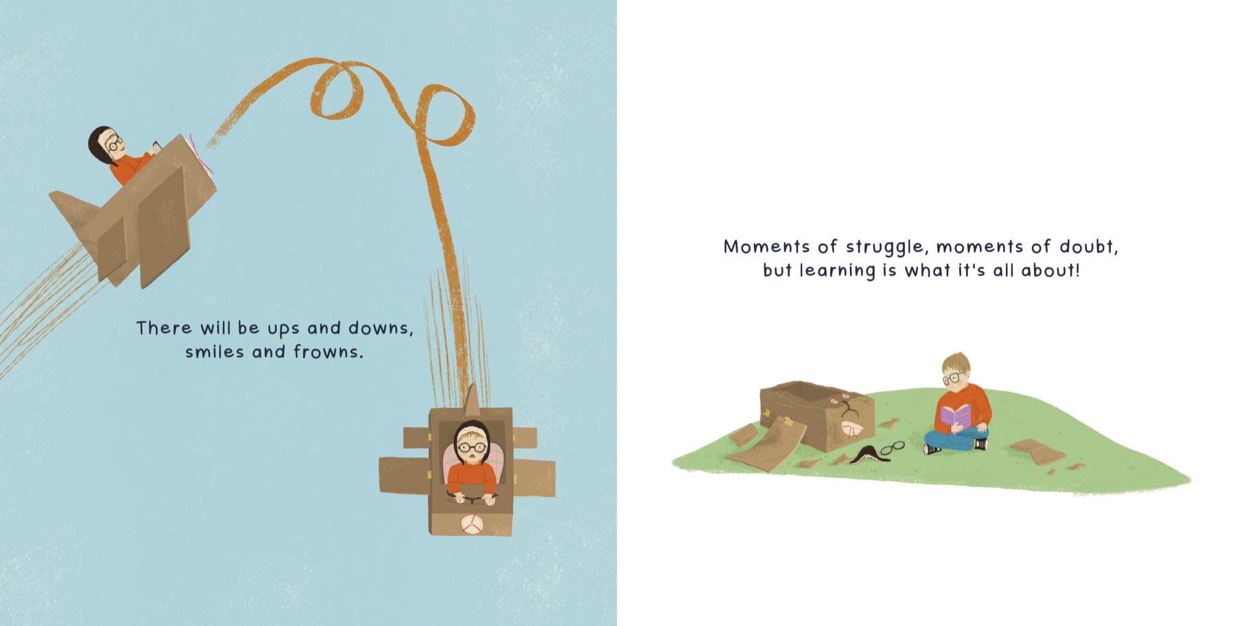 The boy loops through a blue sky in a cardboard-box jet, leaving a playful curling trail.